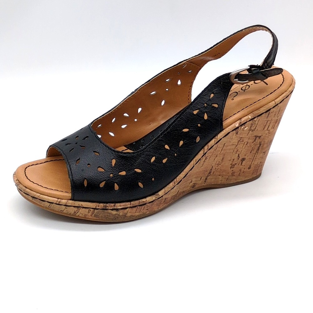 b.o.c. Shoes Womens Black 8 Leather Slingback Sandals Buckle Strap High Wedge